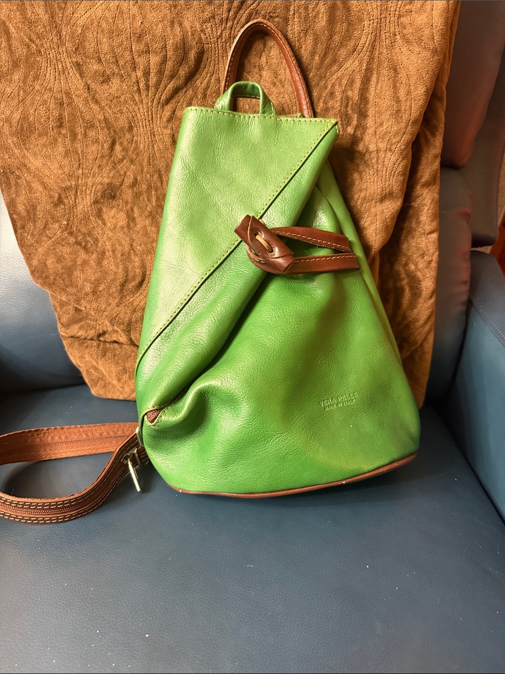 Unique Italian Green Leather Sling Backpack with Brown Accents